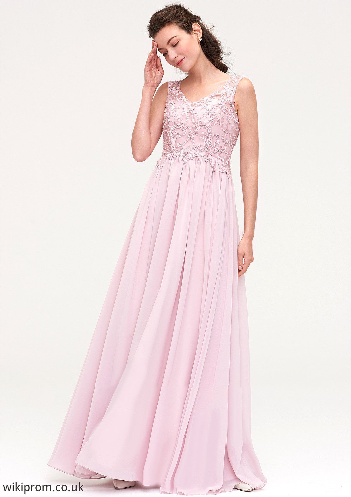 Sleeveless V Neck A-line/Princess Chiffon Long/Floor-Length Bridesmaid Dresseses With Beading Appliqued Kitty SWKP0025410