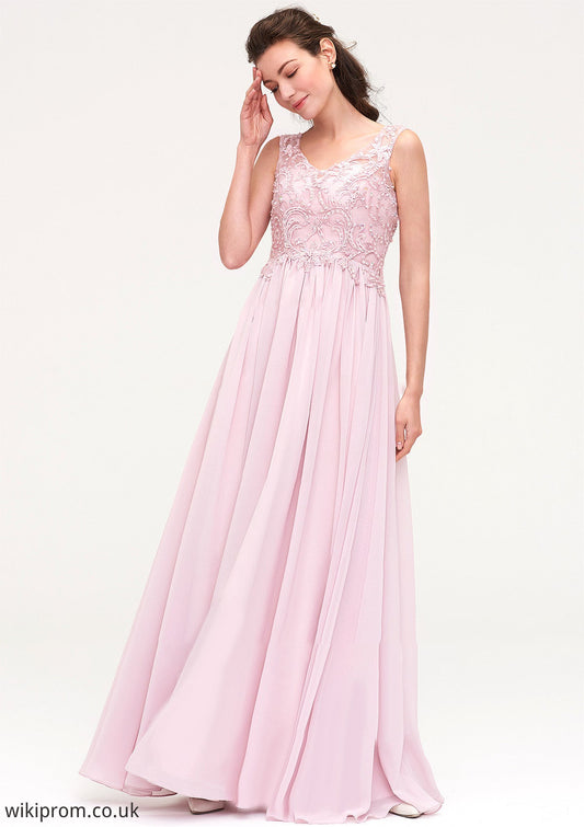 Sleeveless V Neck A-line/Princess Chiffon Long/Floor-Length Bridesmaid Dresseses With Beading Appliqued Kitty SWKP0025410