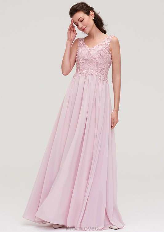 Sleeveless V Neck A-line/Princess Chiffon Long/Floor-Length Bridesmaid Dresseses With Beading Appliqued Kianna DUP0025410