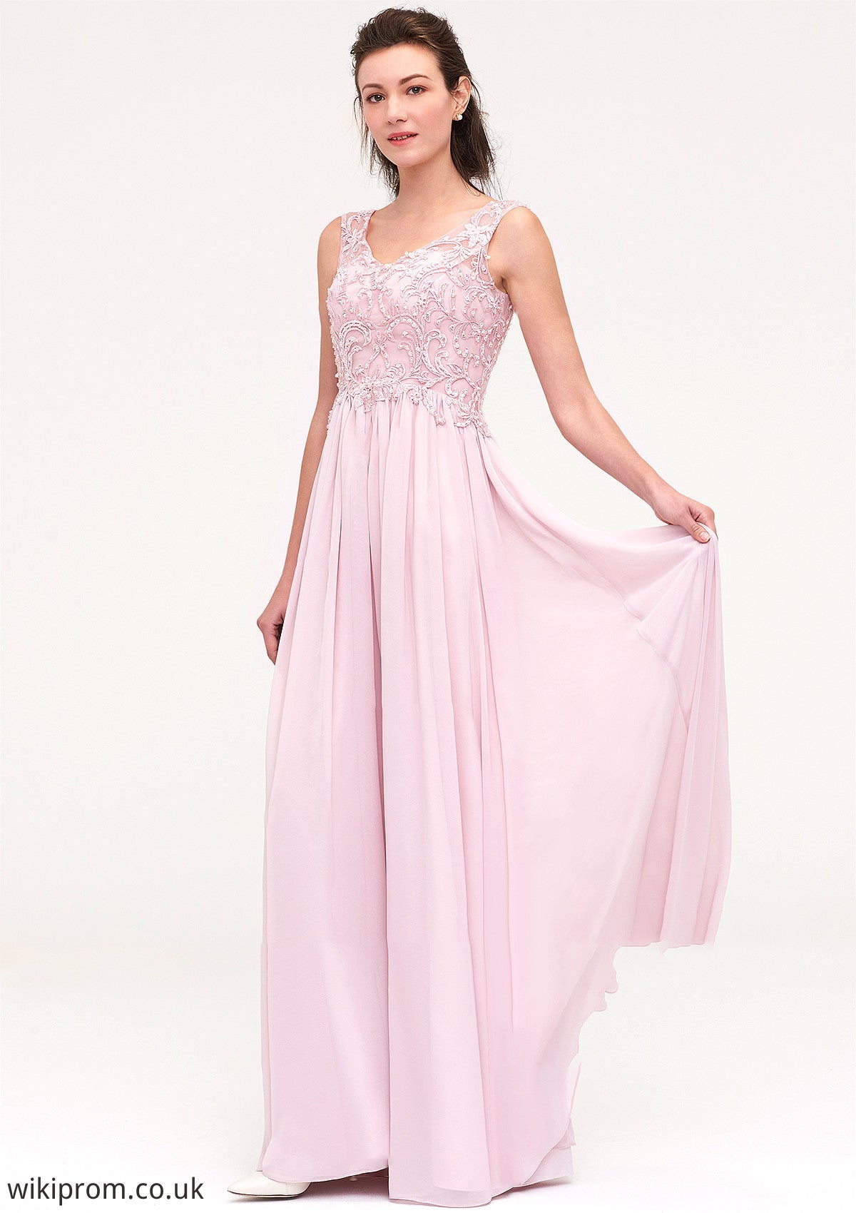 Sleeveless V Neck A-line/Princess Chiffon Long/Floor-Length Bridesmaid Dresseses With Beading Appliqued Kitty SWKP0025410