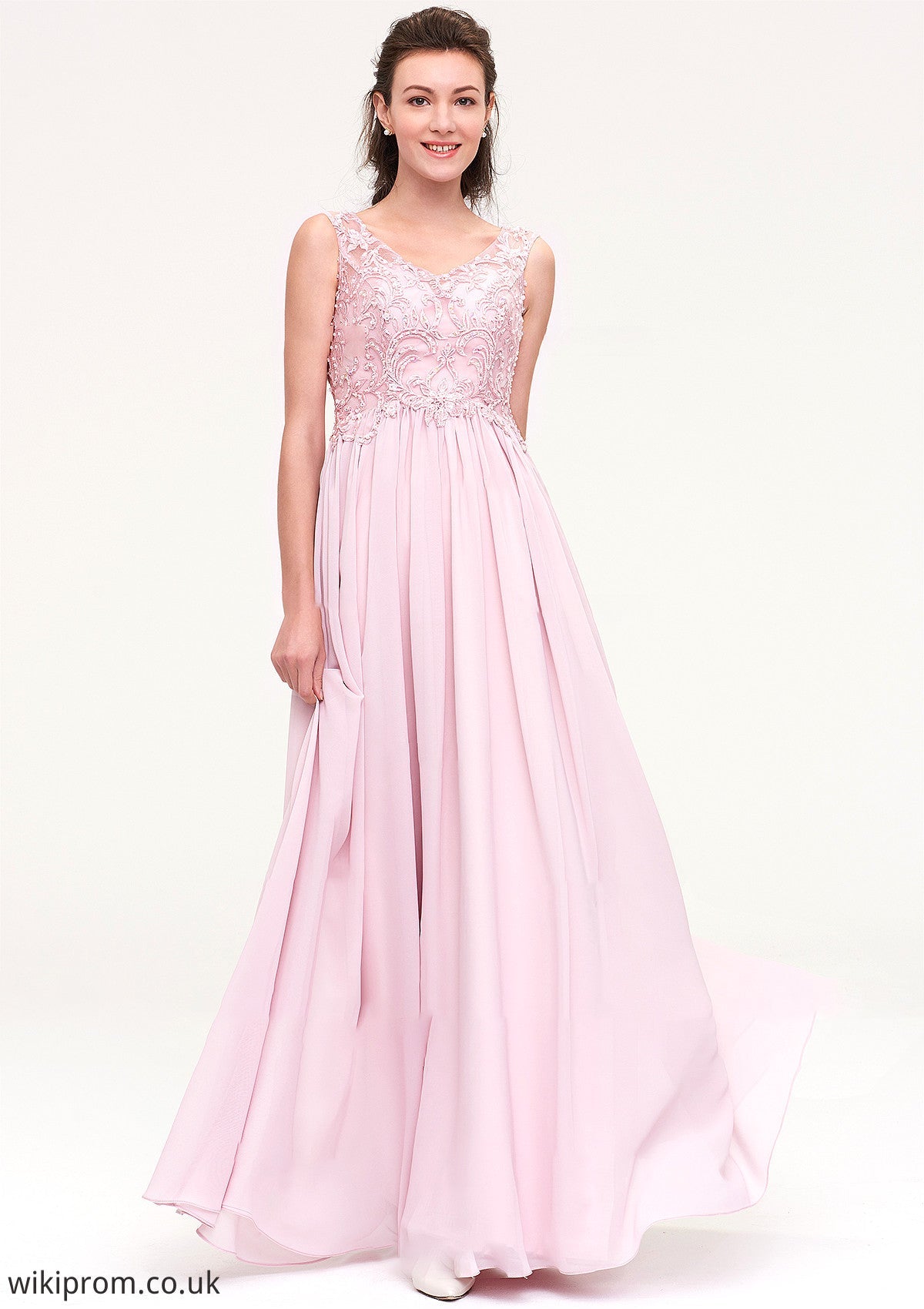 Sleeveless V Neck A-line/Princess Chiffon Long/Floor-Length Bridesmaid Dresseses With Beading Appliqued Kitty SWKP0025410