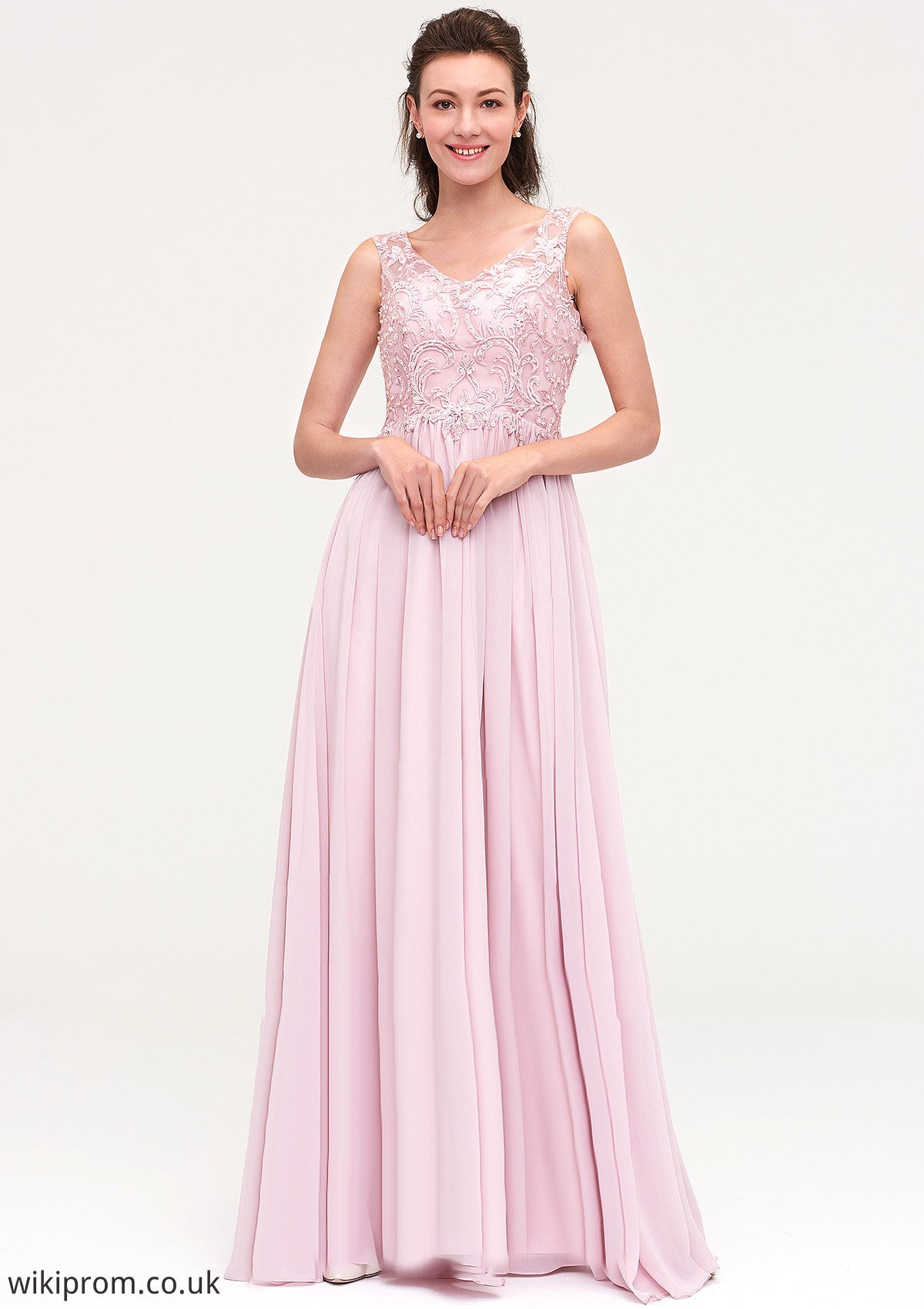 Sleeveless V Neck A-line/Princess Chiffon Long/Floor-Length Bridesmaid Dresseses With Beading Appliqued Kitty SWKP0025410