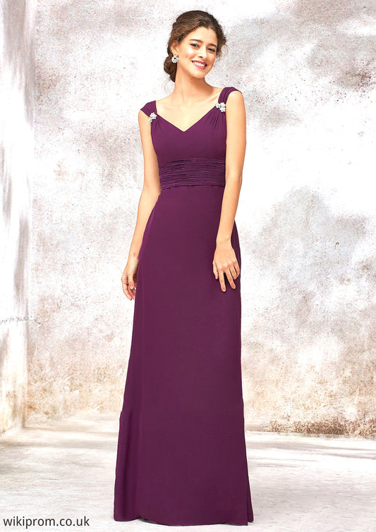 V Neck Sleeveless Long/Floor-Length Sheath/Column Chiffon Bridesmaid Dresses With Sashes Pleated Beading Bailee SWKP0025412