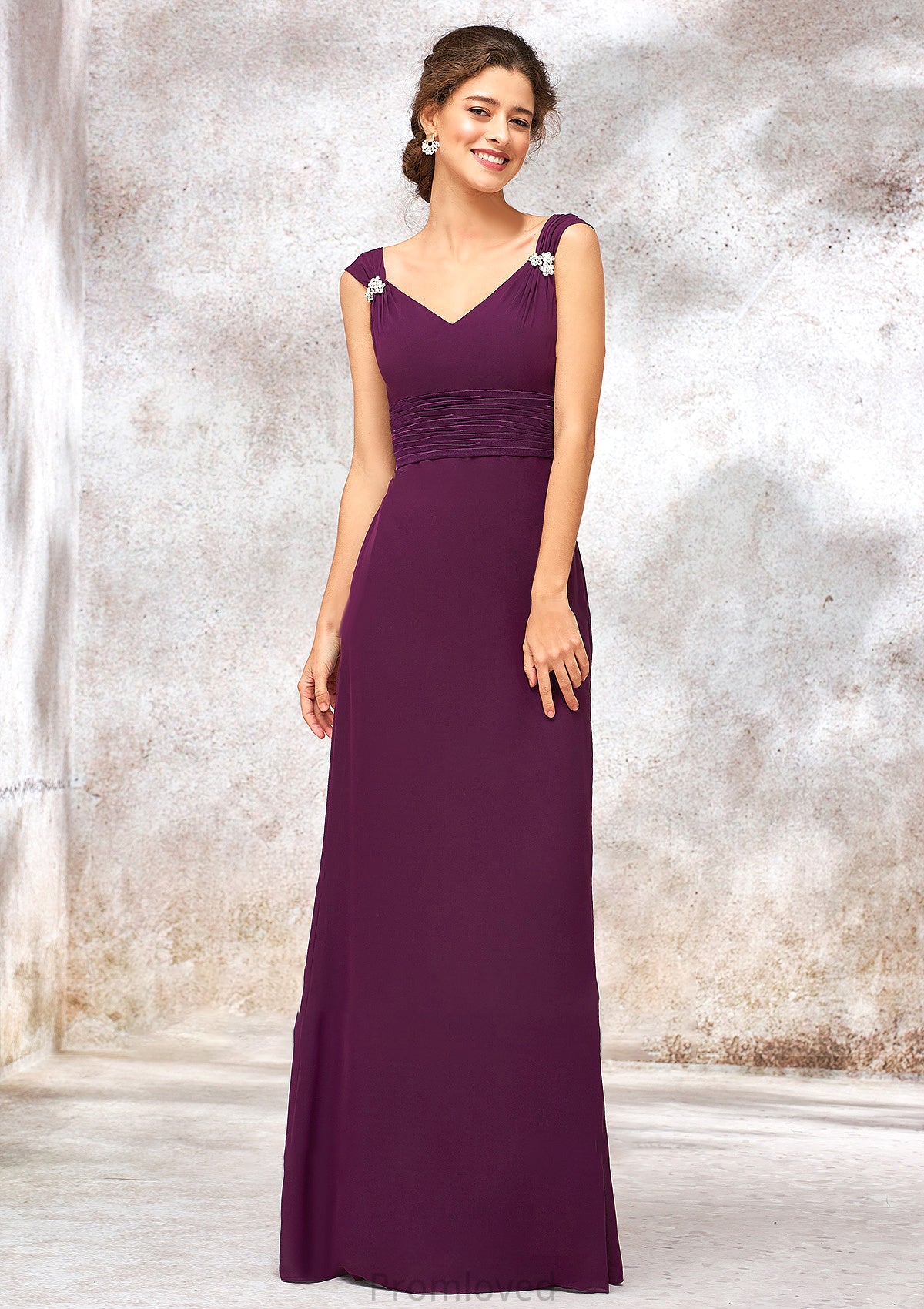 V Neck Sleeveless Long/Floor-Length Sheath/Column Chiffon Bridesmaid Dresses With Sashes Pleated Beading Elaine DUP0025412