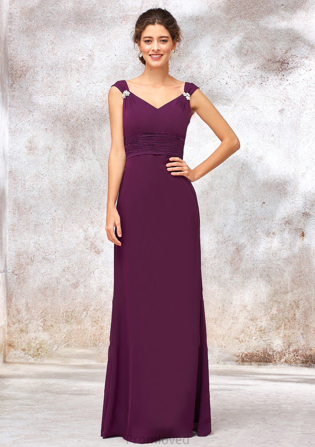 V Neck Sleeveless Long/Floor-Length Sheath/Column Chiffon Bridesmaid Dresses With Sashes Pleated Beading Elaine DUP0025412