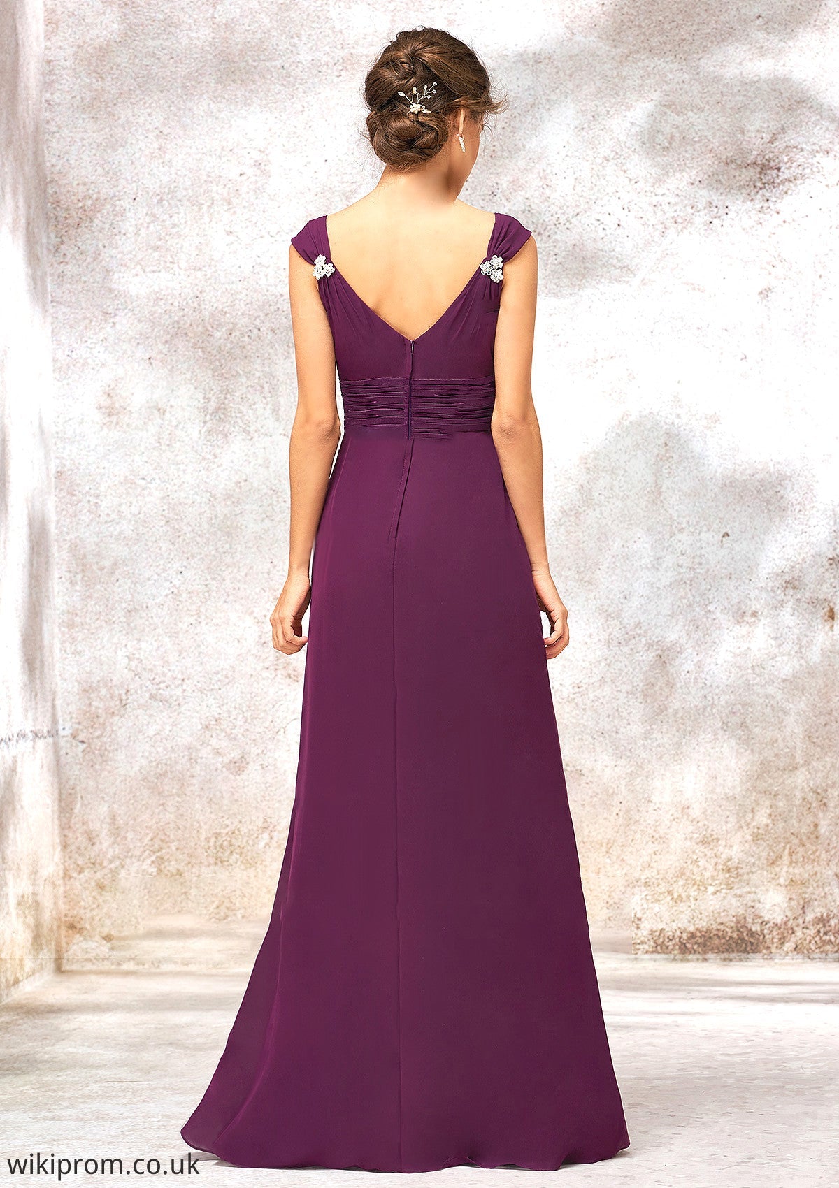 V Neck Sleeveless Long/Floor-Length Sheath/Column Chiffon Bridesmaid Dresses With Sashes Pleated Beading Bailee SWKP0025412