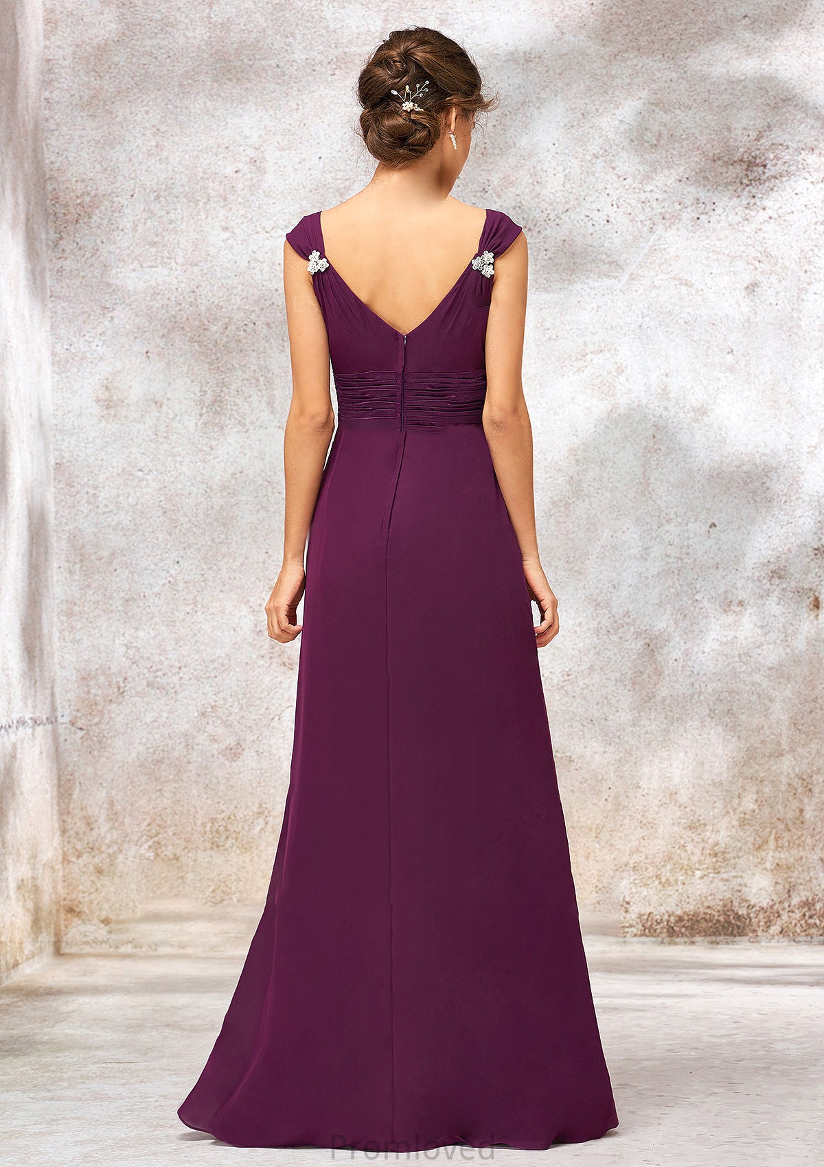 V Neck Sleeveless Long/Floor-Length Sheath/Column Chiffon Bridesmaid Dresses With Sashes Pleated Beading Elaine DUP0025412