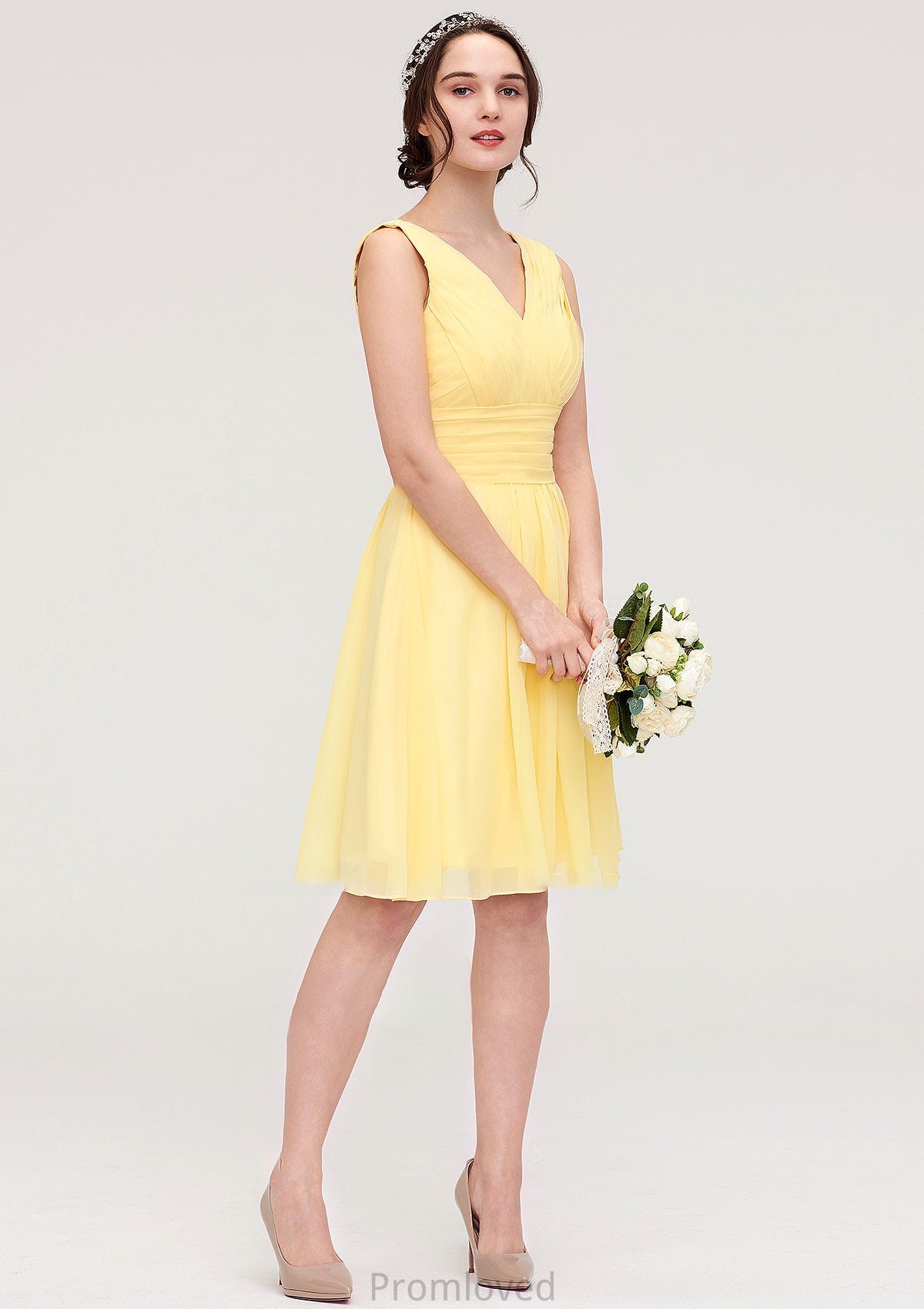 V Neck Sleeveless A-line/Princess Chiffon Knee-Length Bridesmaid Dresses With Pleated Taylor DUP0025414