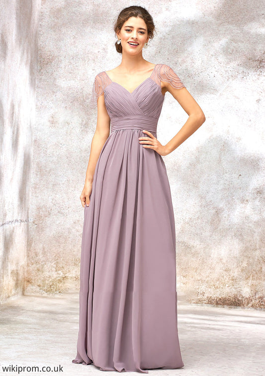 V Neck Long/Floor-Length Chiffon A-line/Princess Bridesmaid Dresses With Pleated Beading Chanel SWKP0025416