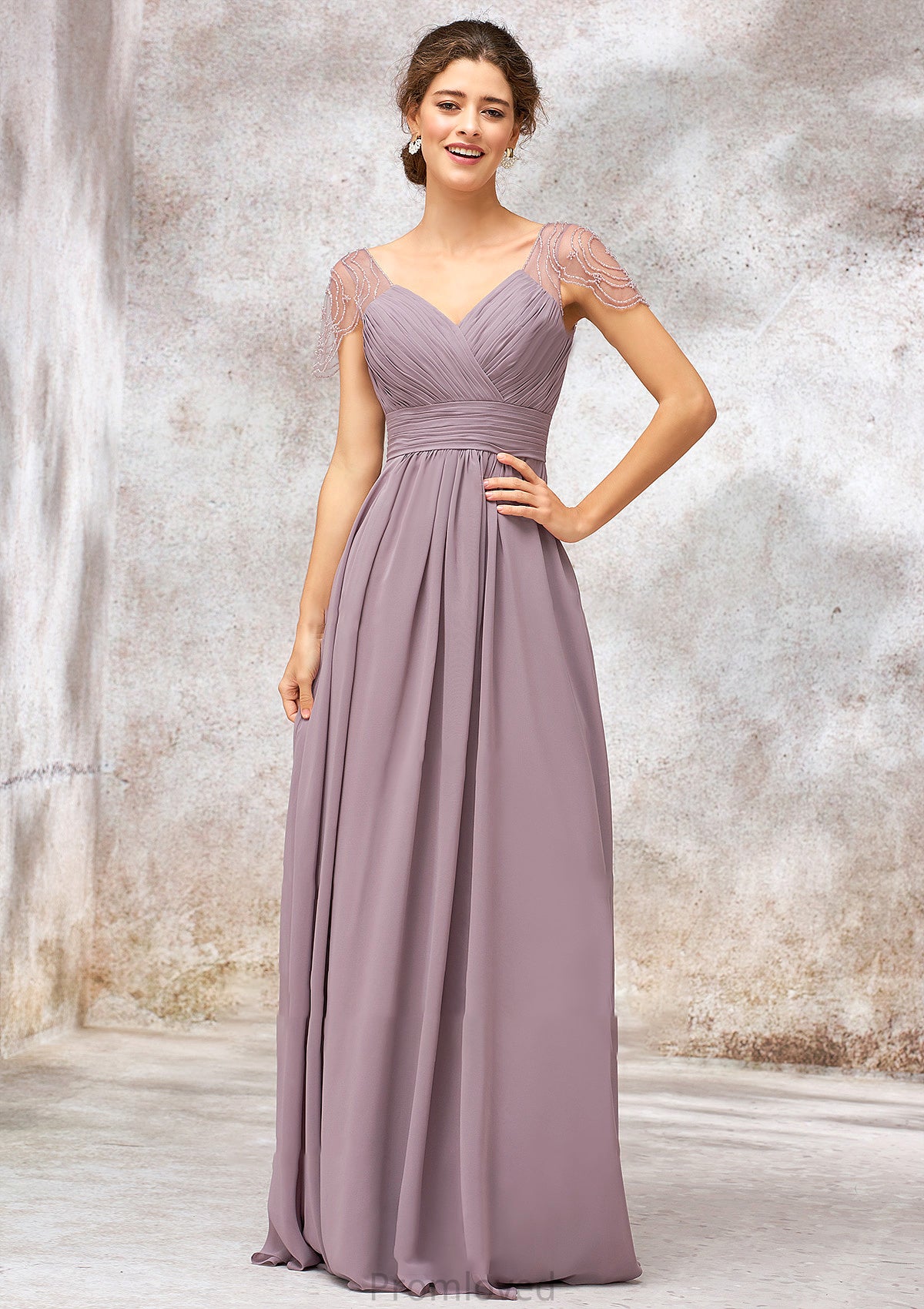 V Neck Long/Floor-Length Chiffon A-line/Princess Bridesmaid Dresses With Pleated Beading Aryana DUP0025416