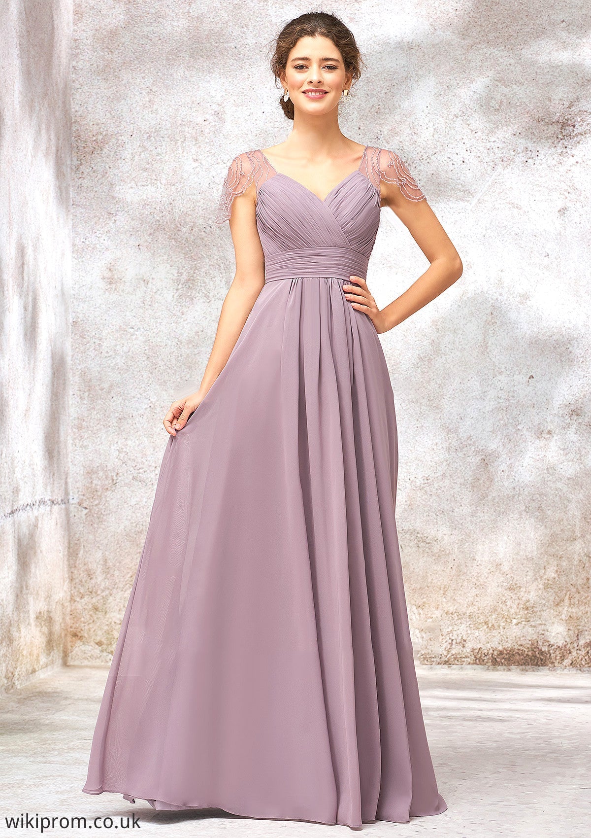 V Neck Long/Floor-Length Chiffon A-line/Princess Bridesmaid Dresses With Pleated Beading Chanel SWKP0025416