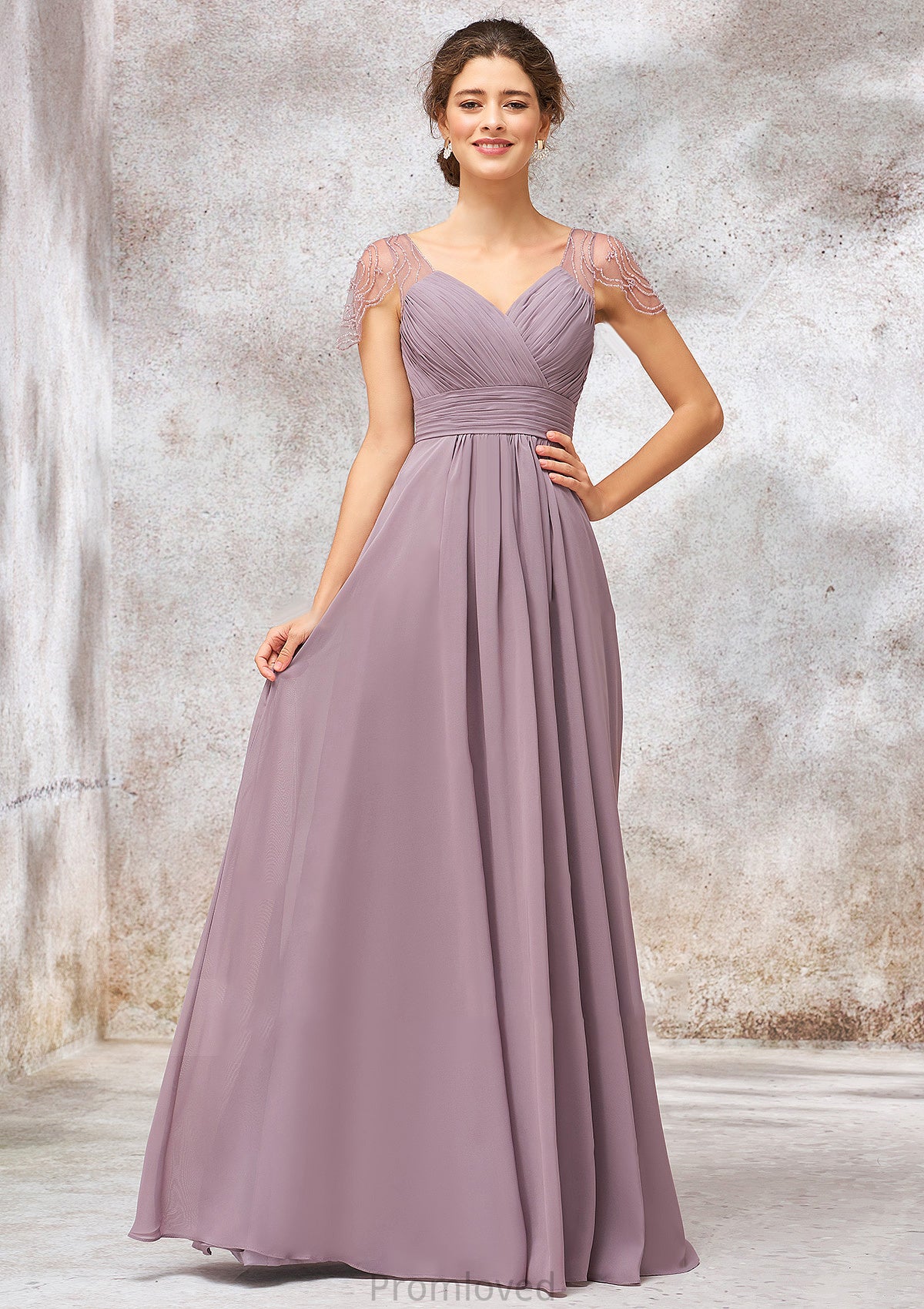 V Neck Long/Floor-Length Chiffon A-line/Princess Bridesmaid Dresses With Pleated Beading Aryana DUP0025416