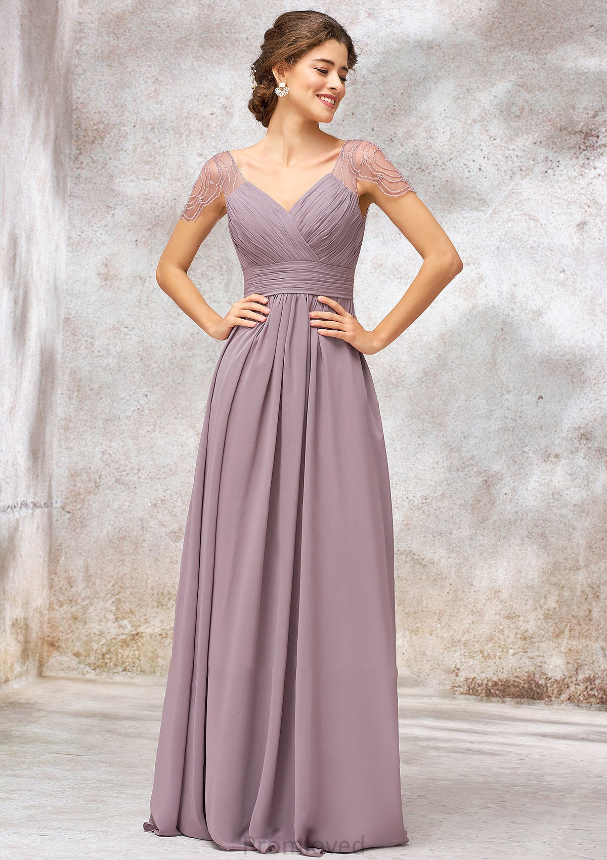 V Neck Long/Floor-Length Chiffon A-line/Princess Bridesmaid Dresses With Pleated Beading Aryana DUP0025416