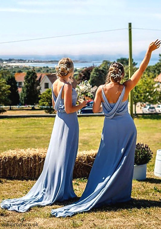 A-line V Neck Sleeveless Court Train Chiffon Bridesmaid Dresses With Pleated Bethany SWKP0025419