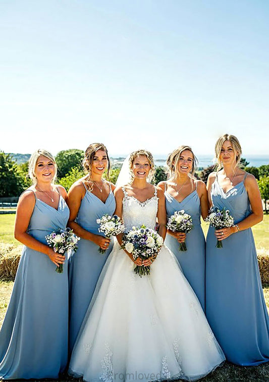 A-line V Neck Sleeveless Court Train Chiffon Bridesmaid Dresses With Pleated Carolina DUP0025419