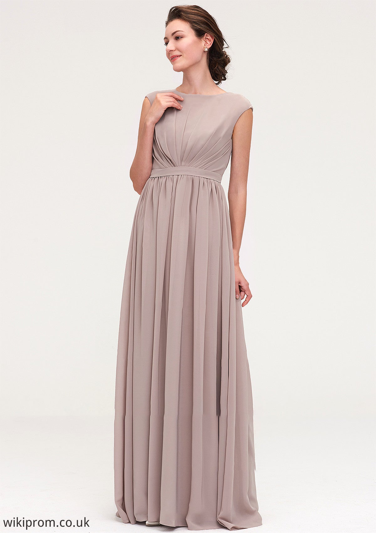 Bateau Sleeveless A-line/Princess Chiffon Long/Floor-Length Bridesmaid Dresses With Pleated Renee SWKP0025420