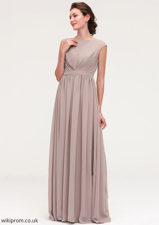 Bateau Sleeveless A-line/Princess Chiffon Long/Floor-Length Bridesmaid Dresses With Pleated Renee SWKP0025420