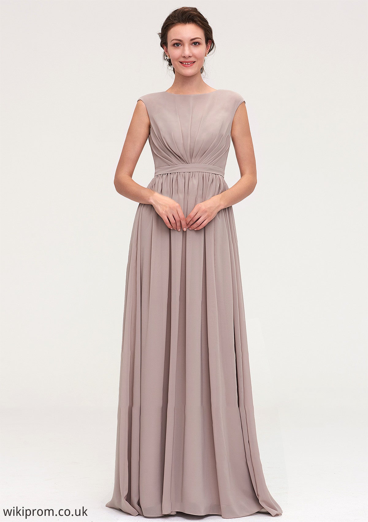 Bateau Sleeveless A-line/Princess Chiffon Long/Floor-Length Bridesmaid Dresses With Pleated Renee SWKP0025420