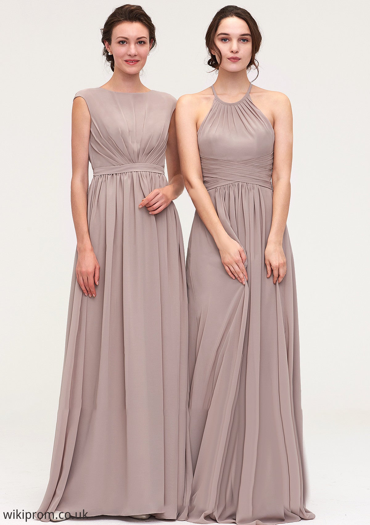 Bateau Sleeveless A-line/Princess Chiffon Long/Floor-Length Bridesmaid Dresses With Pleated Renee SWKP0025420