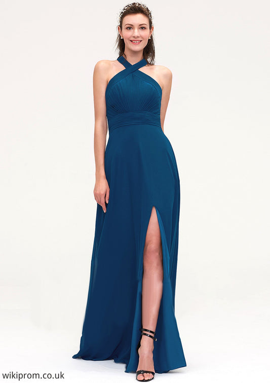 Scalloped Neck Sleeveless A-line/Princess Chiffon Long/Floor-Length Bridesmaid Dresseses With Split Pleated Stacy SWKP0025424