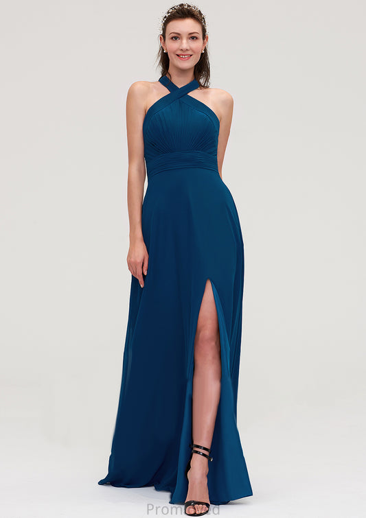 Scalloped Neck Sleeveless A-line/Princess Chiffon Long/Floor-Length Bridesmaid Dresseses With Split Pleated Rylee DUP0025424