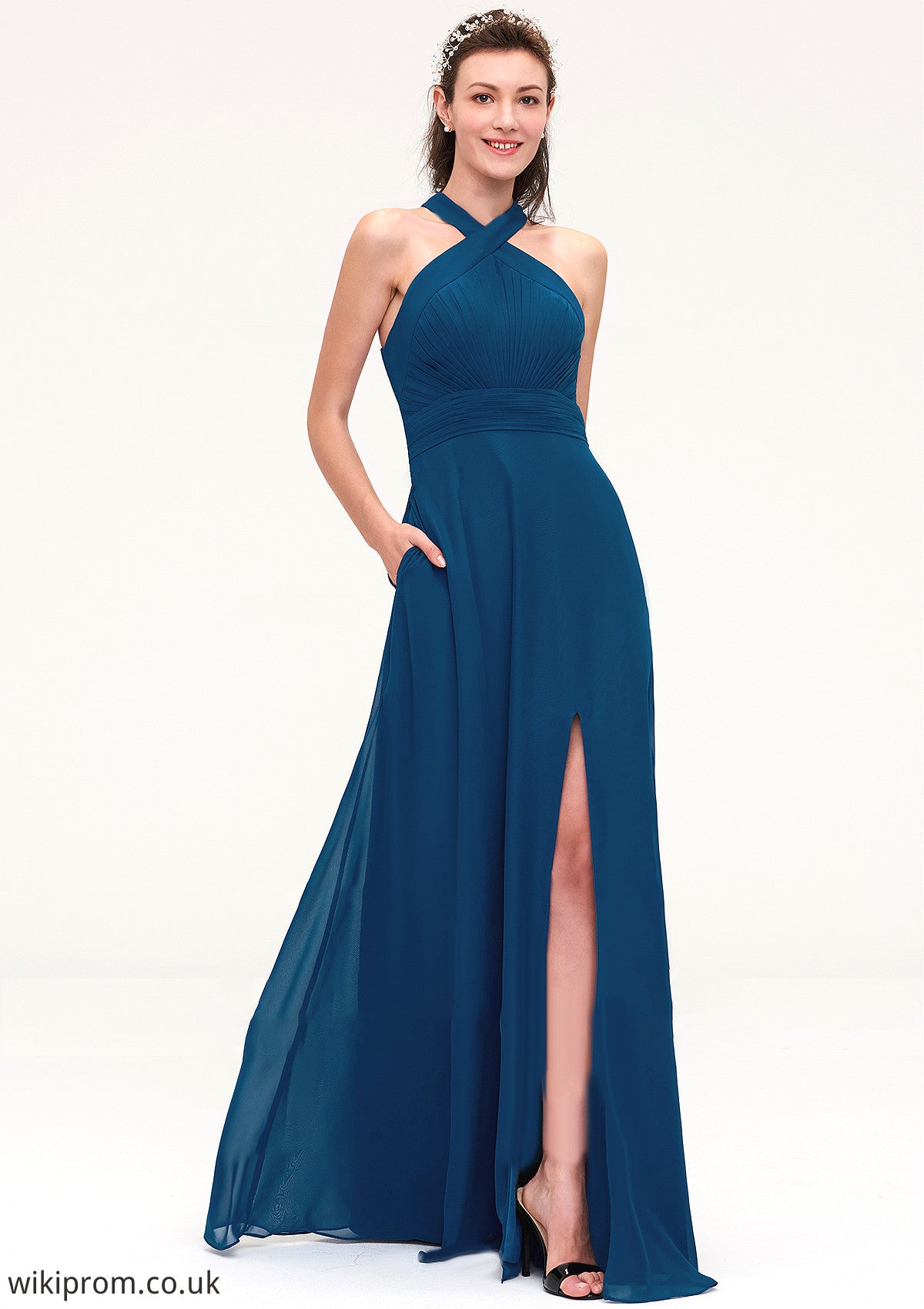 Scalloped Neck Sleeveless A-line/Princess Chiffon Long/Floor-Length Bridesmaid Dresseses With Split Pleated Stacy SWKP0025424