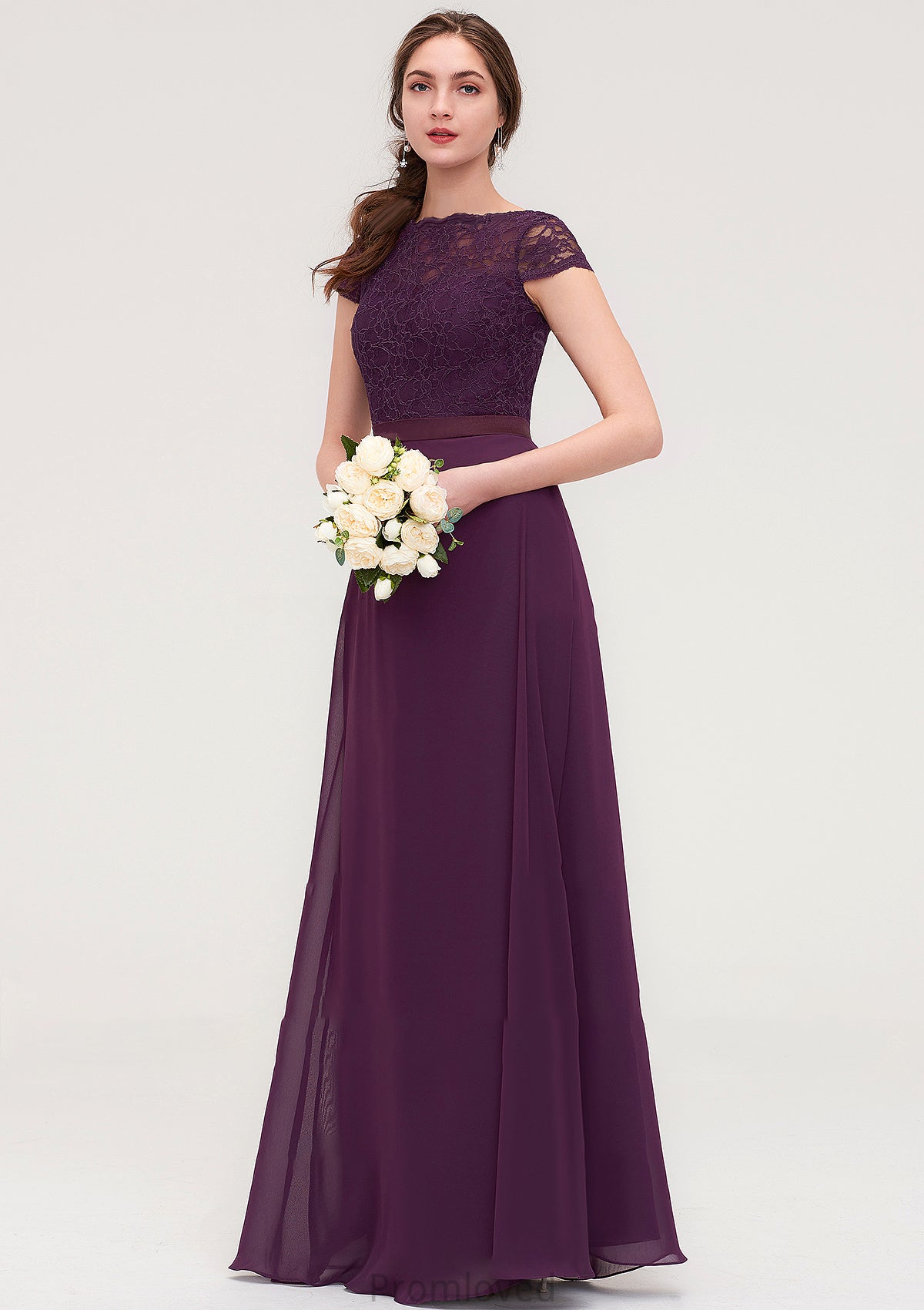 Short Sleeve Bateau Long/Floor-Length  Chiffon A-line/Princess Bridesmaid Dresses With Sashes Lace Scarlet DUP0025428