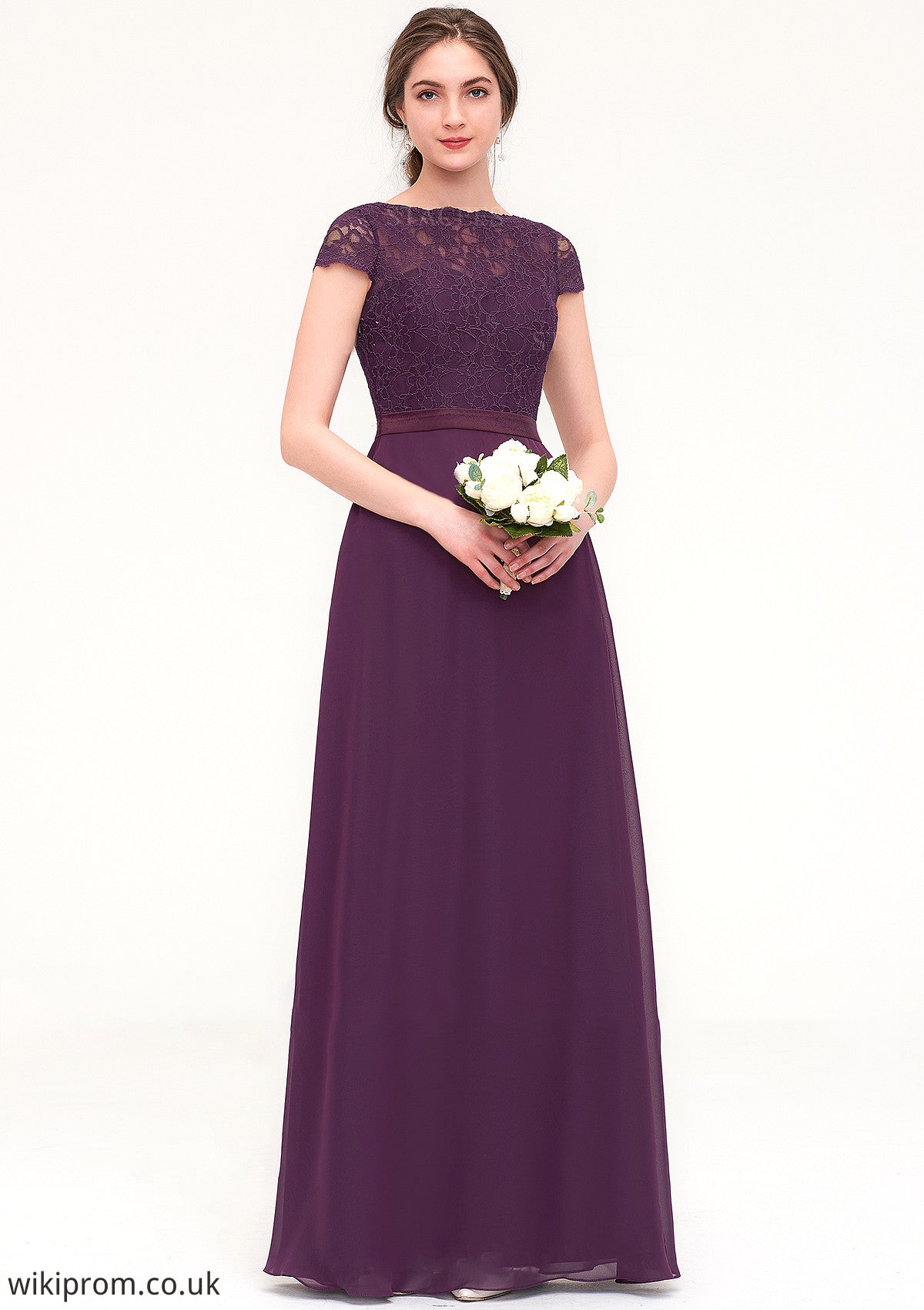 Short Sleeve Bateau Long/Floor-Length  Chiffon A-line/Princess Bridesmaid Dresses With Sashes Lace Lauryn SWKP0025428