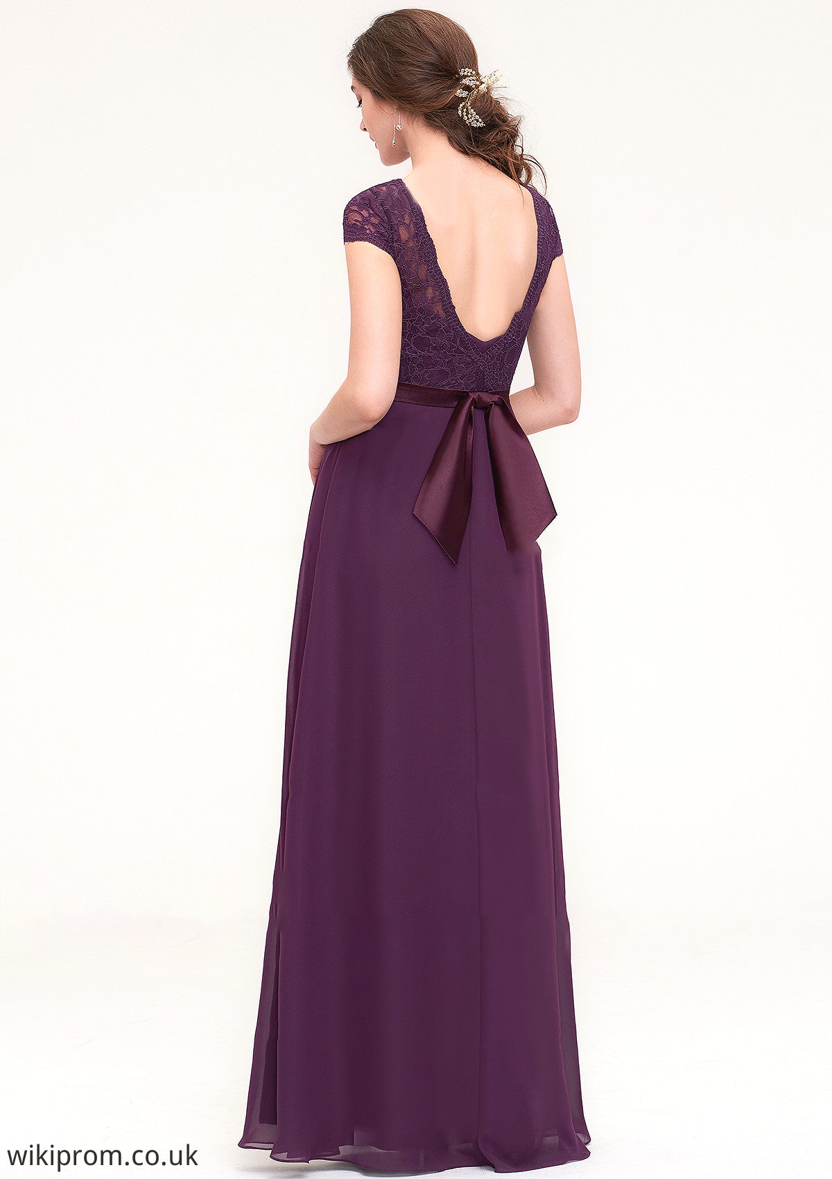 Short Sleeve Bateau Long/Floor-Length  Chiffon A-line/Princess Bridesmaid Dresses With Sashes Lace Lauryn SWKP0025428