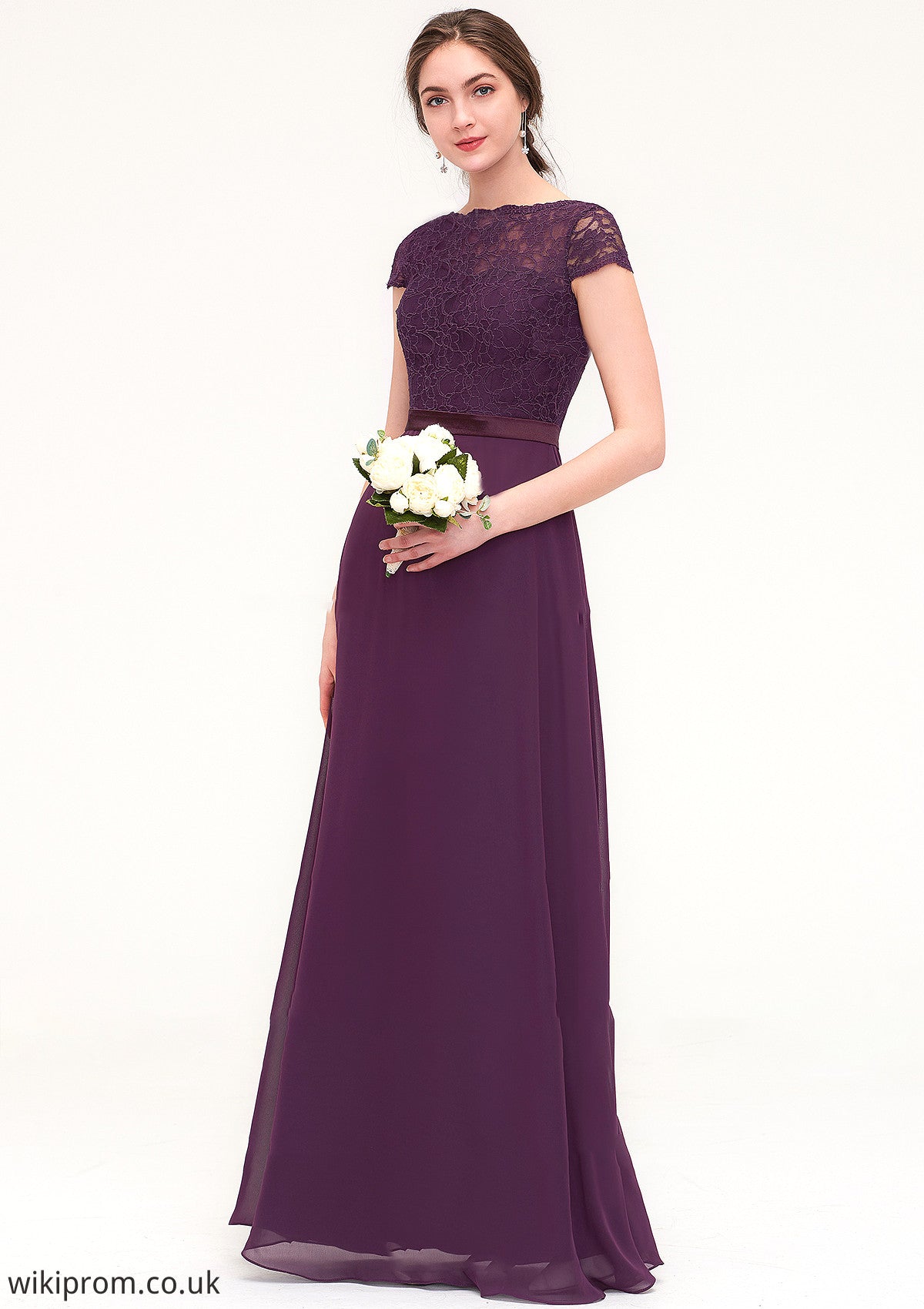 Short Sleeve Bateau Long/Floor-Length  Chiffon A-line/Princess Bridesmaid Dresses With Sashes Lace Lauryn SWKP0025428