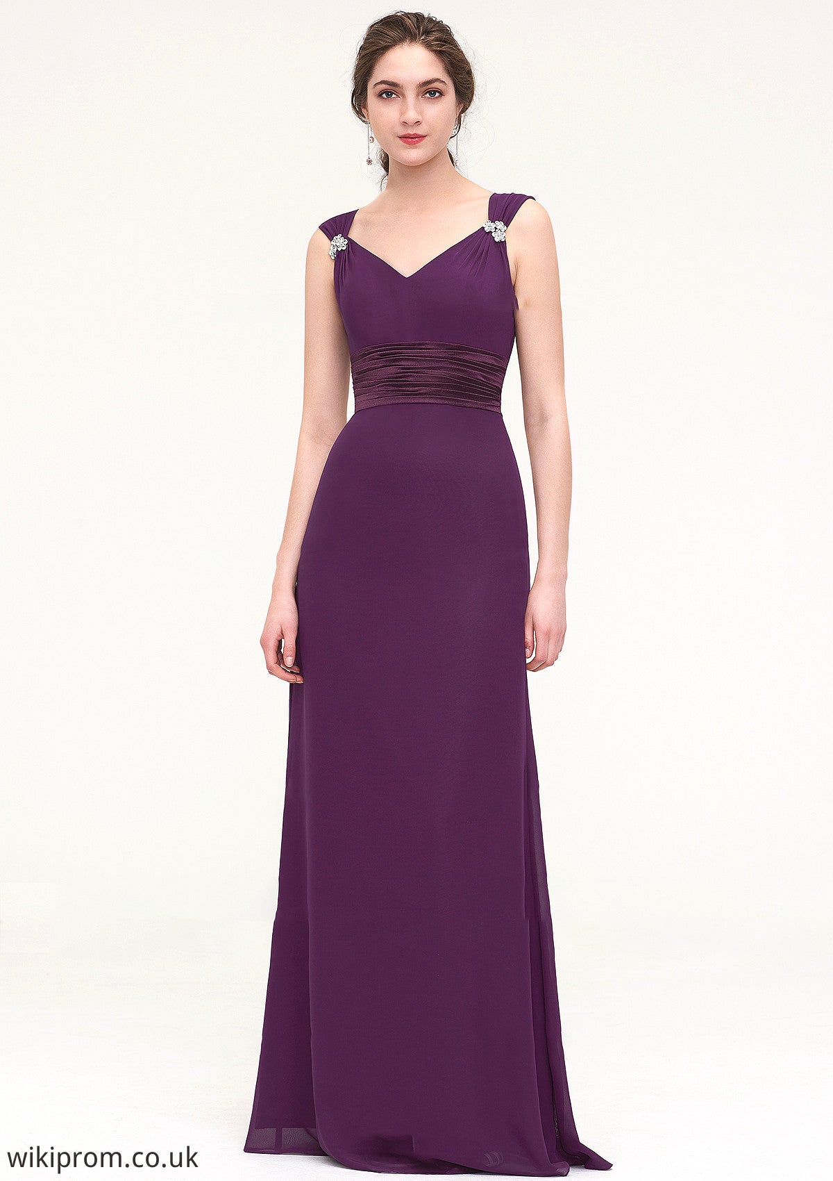 Sleeveless V Neck Long/Floor-Length Sheath/Column Chiffon Bridesmaid Dresses With Sashes Beading Pleated Matilda SWKP0025432