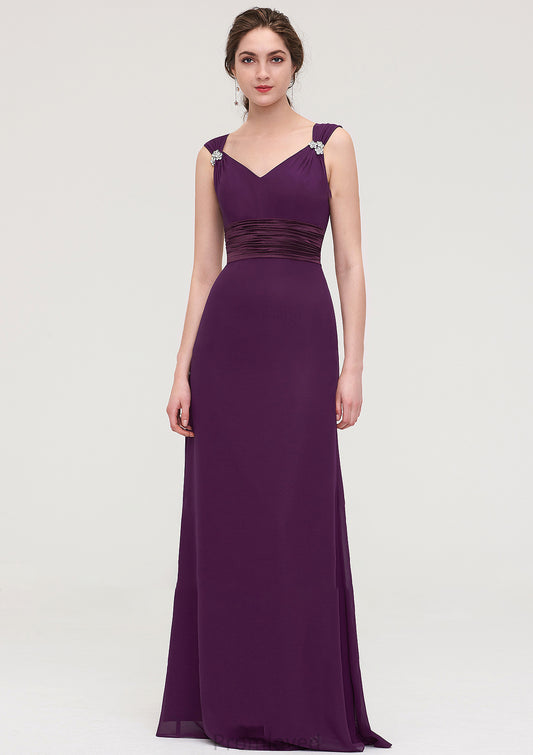 Sleeveless V Neck Long/Floor-Length Sheath/Column Chiffon Bridesmaid Dresses With Sashes Beading Pleated Adriana DUP0025432