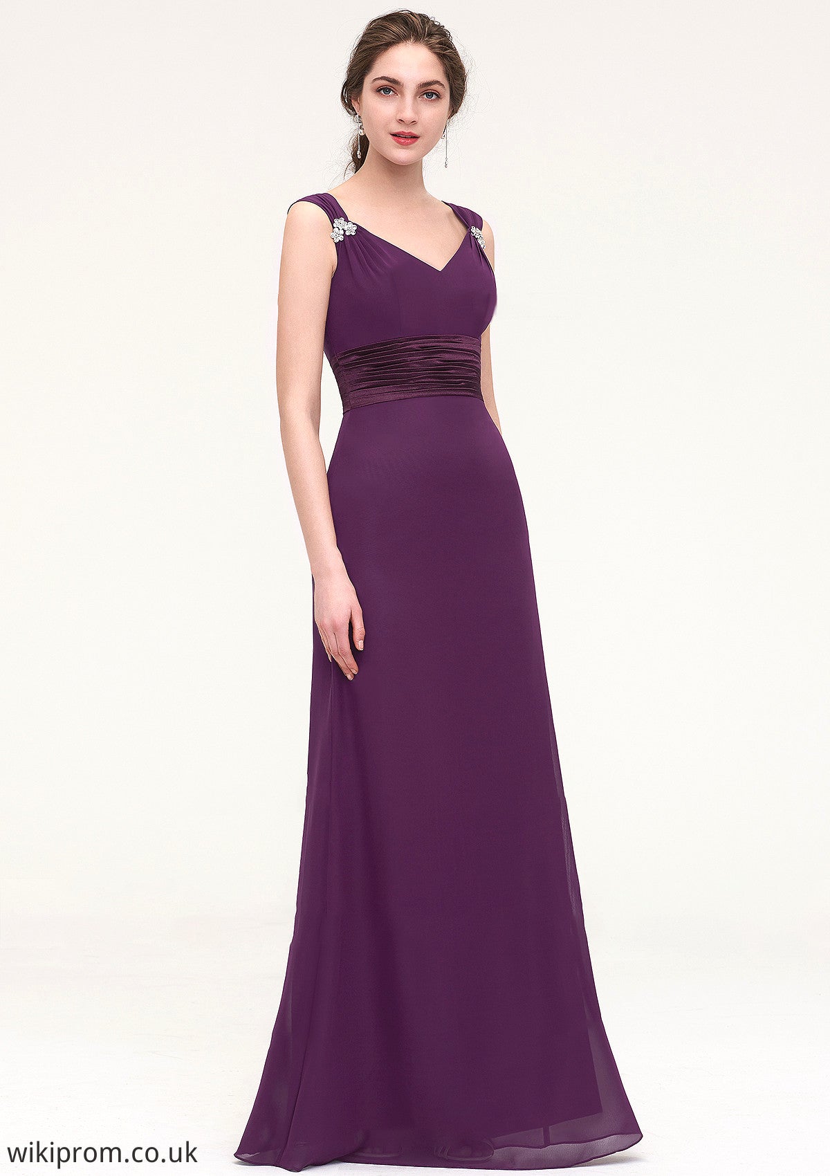 Sleeveless V Neck Long/Floor-Length Sheath/Column Chiffon Bridesmaid Dresses With Sashes Beading Pleated Matilda SWKP0025432