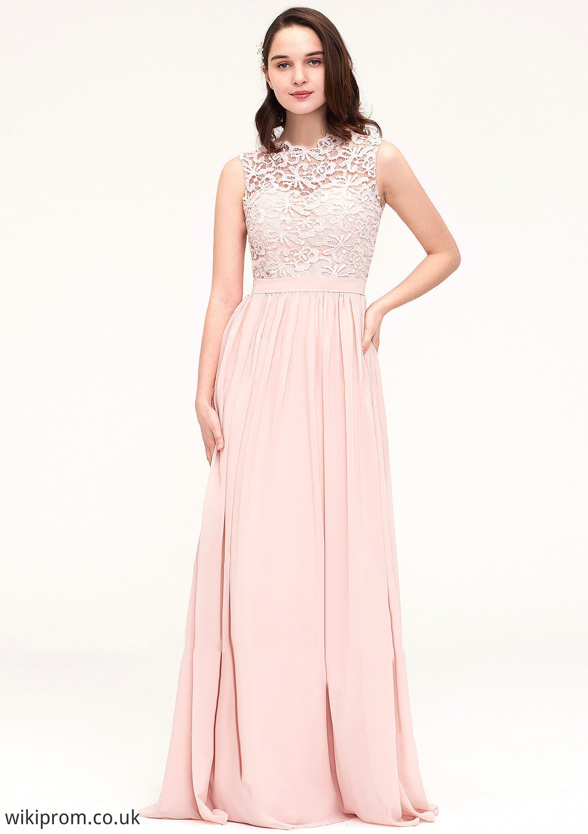 Sleeveless Scalloped Neck Long/Floor-Length Chiffon A-line/Princess Bridesmaid Dresses With Lace Yasmin SWKP0025434