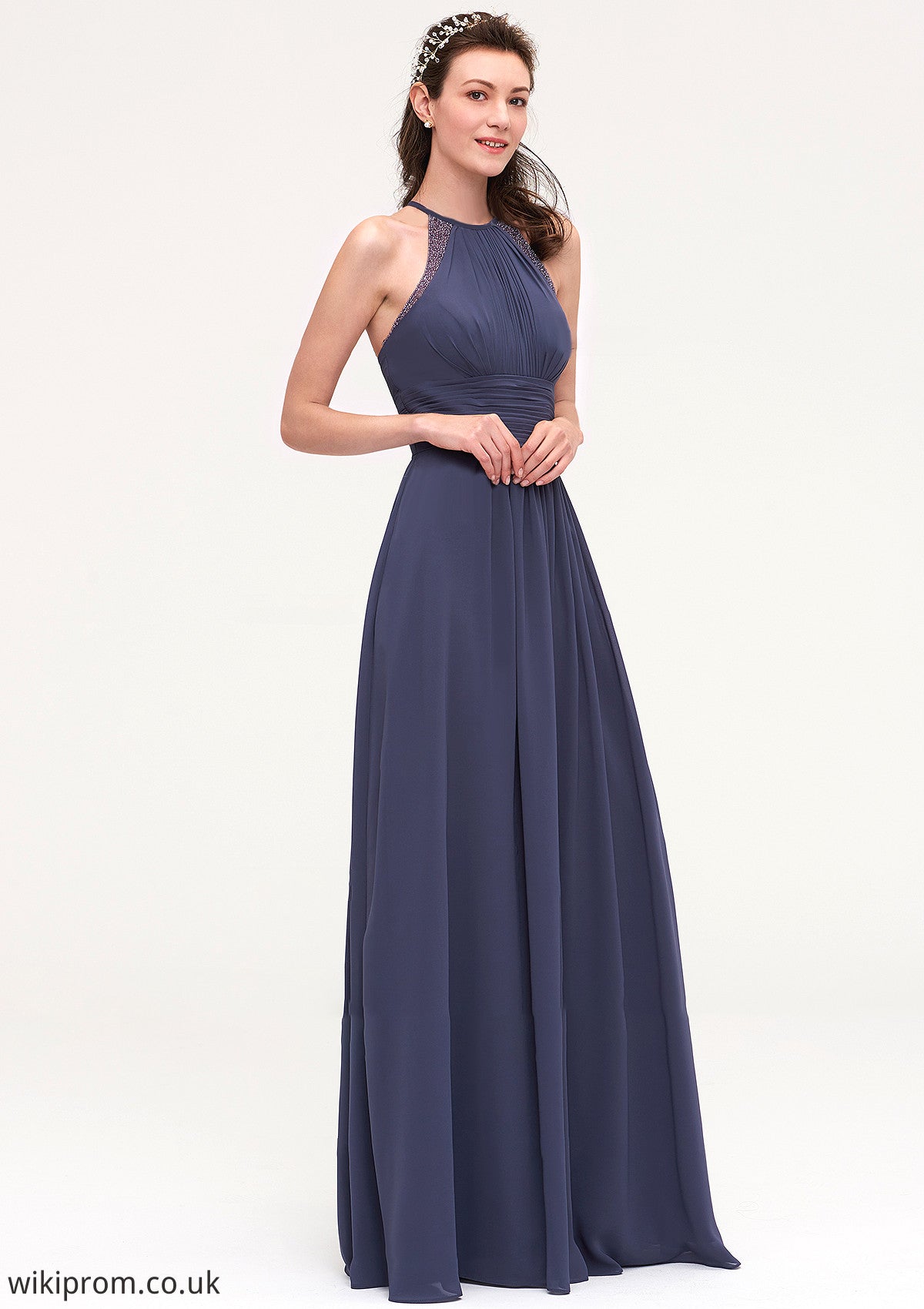 Scoop Neck Sleeveless A-line/Princess Chiffon Long/Floor-Length Bridesmaid Dresseses With Pleated Appliqued Allisson SWKP0025439