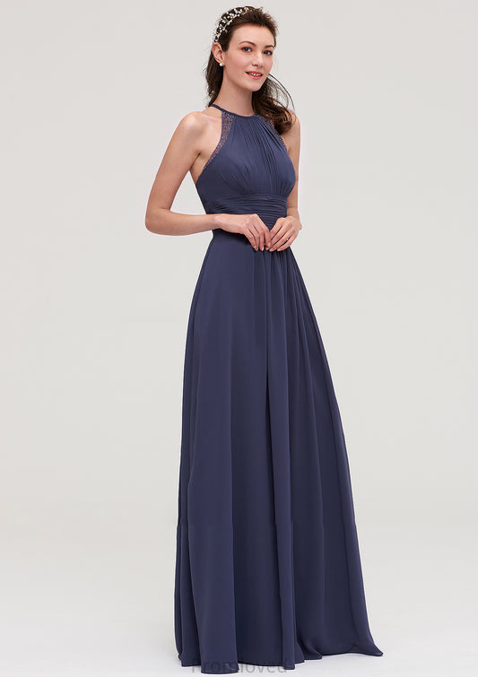 Scoop Neck Sleeveless A-line/Princess Chiffon Long/Floor-Length Bridesmaid Dresseses With Pleated Appliqued Sandy DUP0025439