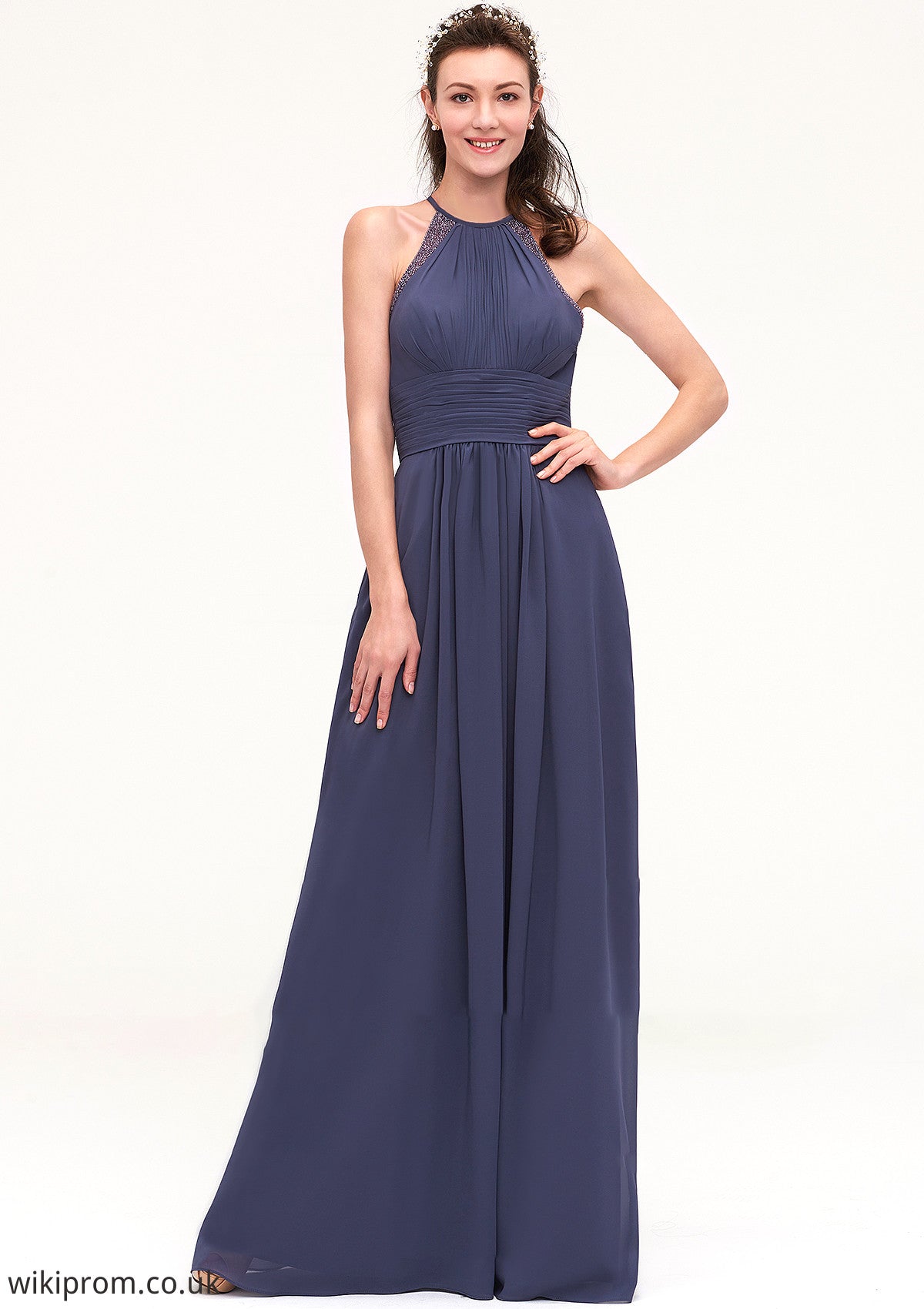 Scoop Neck Sleeveless A-line/Princess Chiffon Long/Floor-Length Bridesmaid Dresseses With Pleated Appliqued Allisson SWKP0025439