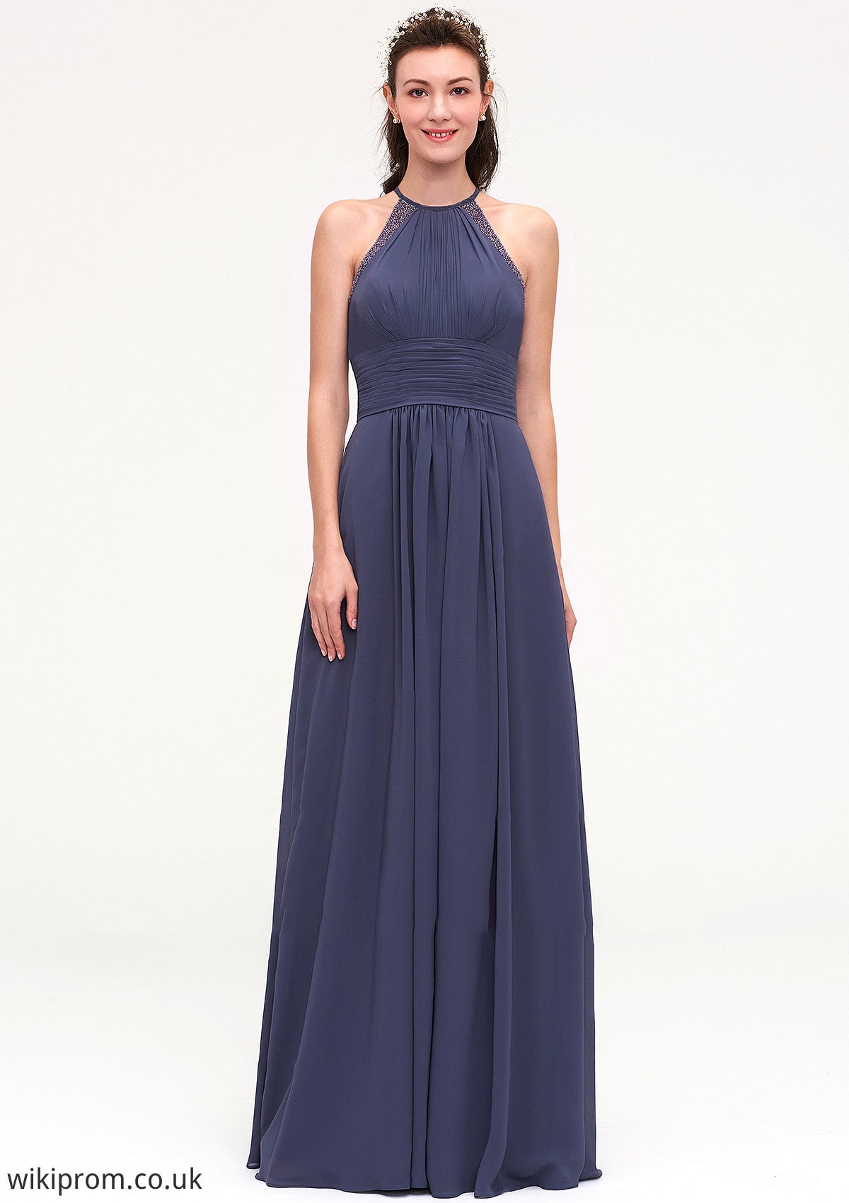 Scoop Neck Sleeveless A-line/Princess Chiffon Long/Floor-Length Bridesmaid Dresseses With Pleated Appliqued Allisson SWKP0025439