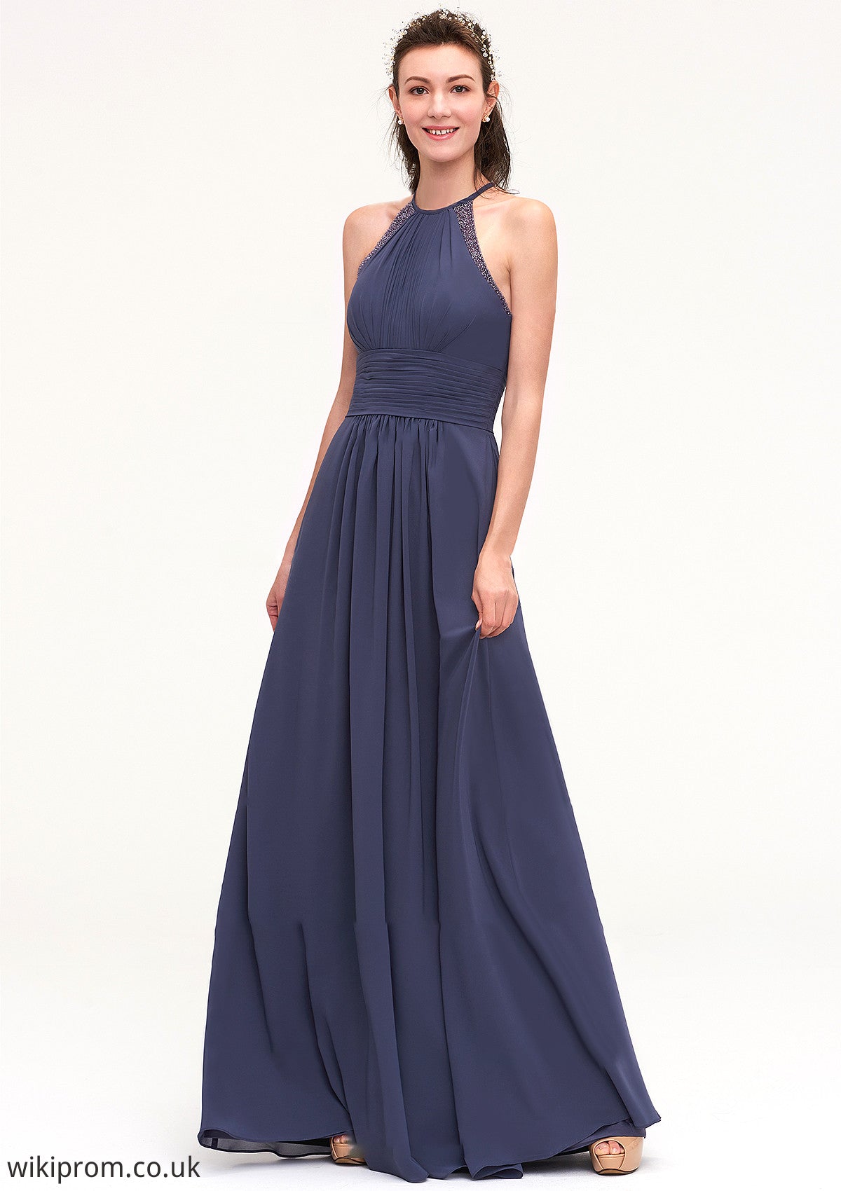 Scoop Neck Sleeveless A-line/Princess Chiffon Long/Floor-Length Bridesmaid Dresseses With Pleated Appliqued Allisson SWKP0025439