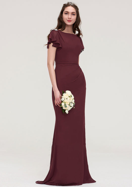 Short Sleeve Bateau Long/Floor-Length Sheath/Column Chiffon Bridesmaid Dresses With Crystal Detailing Sashes Luciana DUP0025440