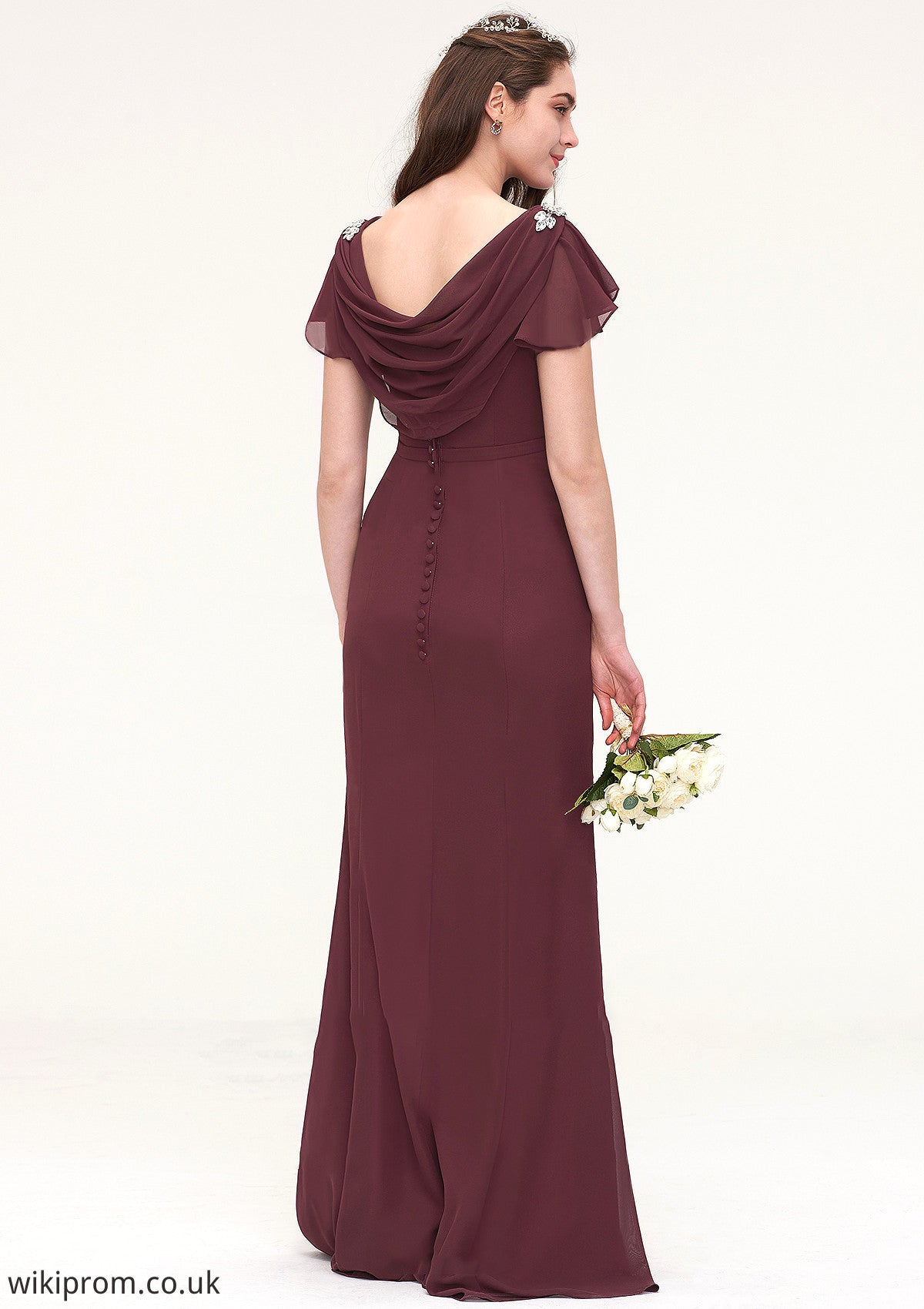 Short Sleeve Bateau Long/Floor-Length Sheath/Column Chiffon Bridesmaid Dresses With Crystal Detailing Sashes Shelby SWKP0025440