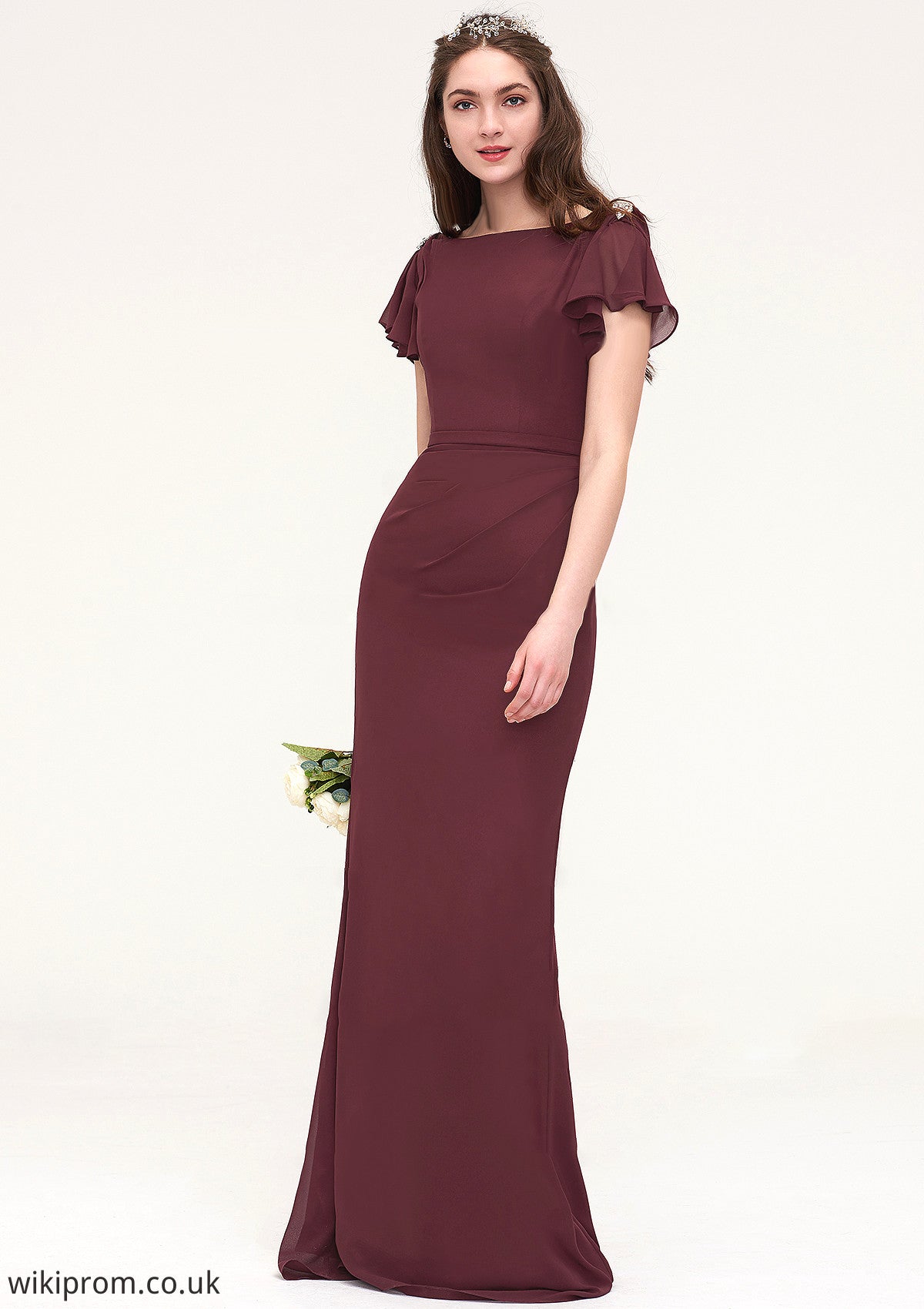 Short Sleeve Bateau Long/Floor-Length Sheath/Column Chiffon Bridesmaid Dresses With Crystal Detailing Sashes Shelby SWKP0025440