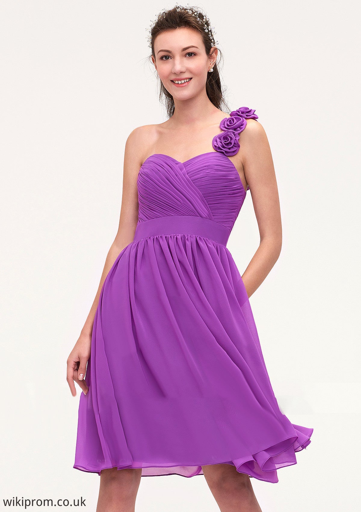 One-Shoulder Sleeveless Knee-Length Chiffon A-line/Princess Bridesmaid Dresseses With Pleated Flowers Susanna SWKP0025441