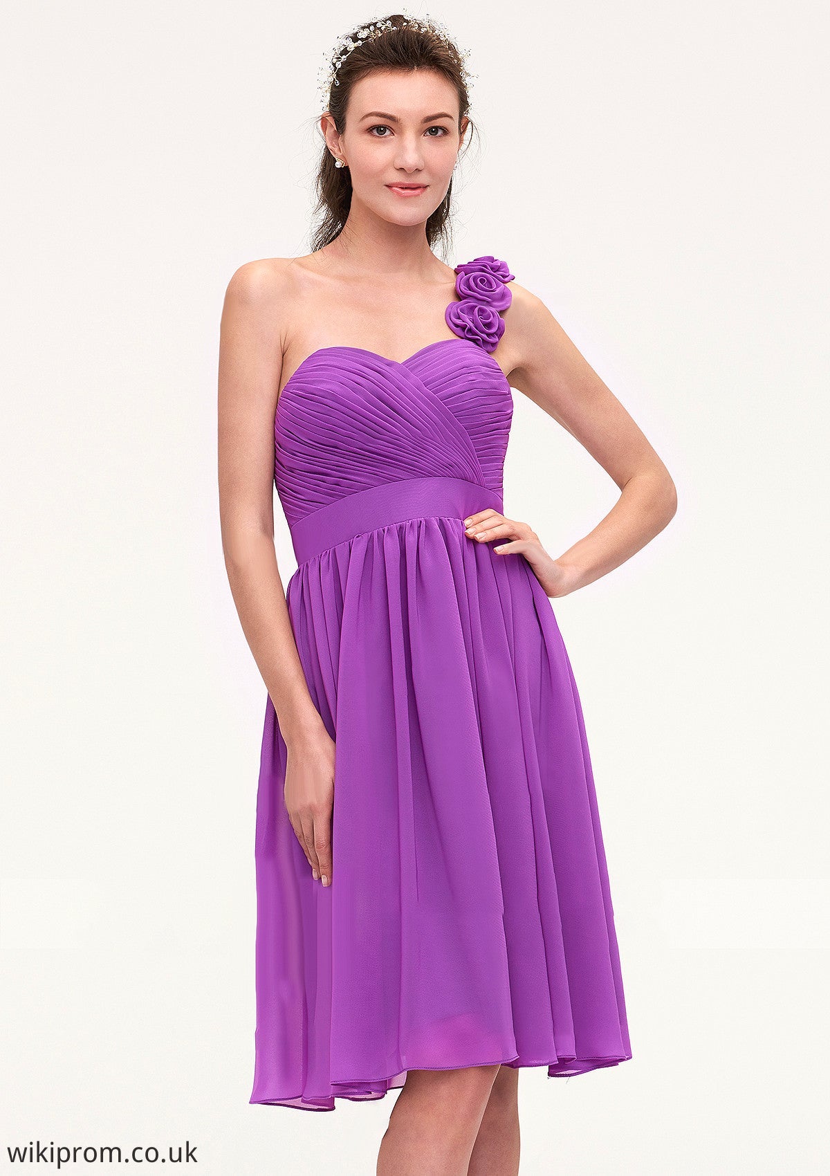 One-Shoulder Sleeveless Knee-Length Chiffon A-line/Princess Bridesmaid Dresseses With Pleated Flowers Susanna SWKP0025441