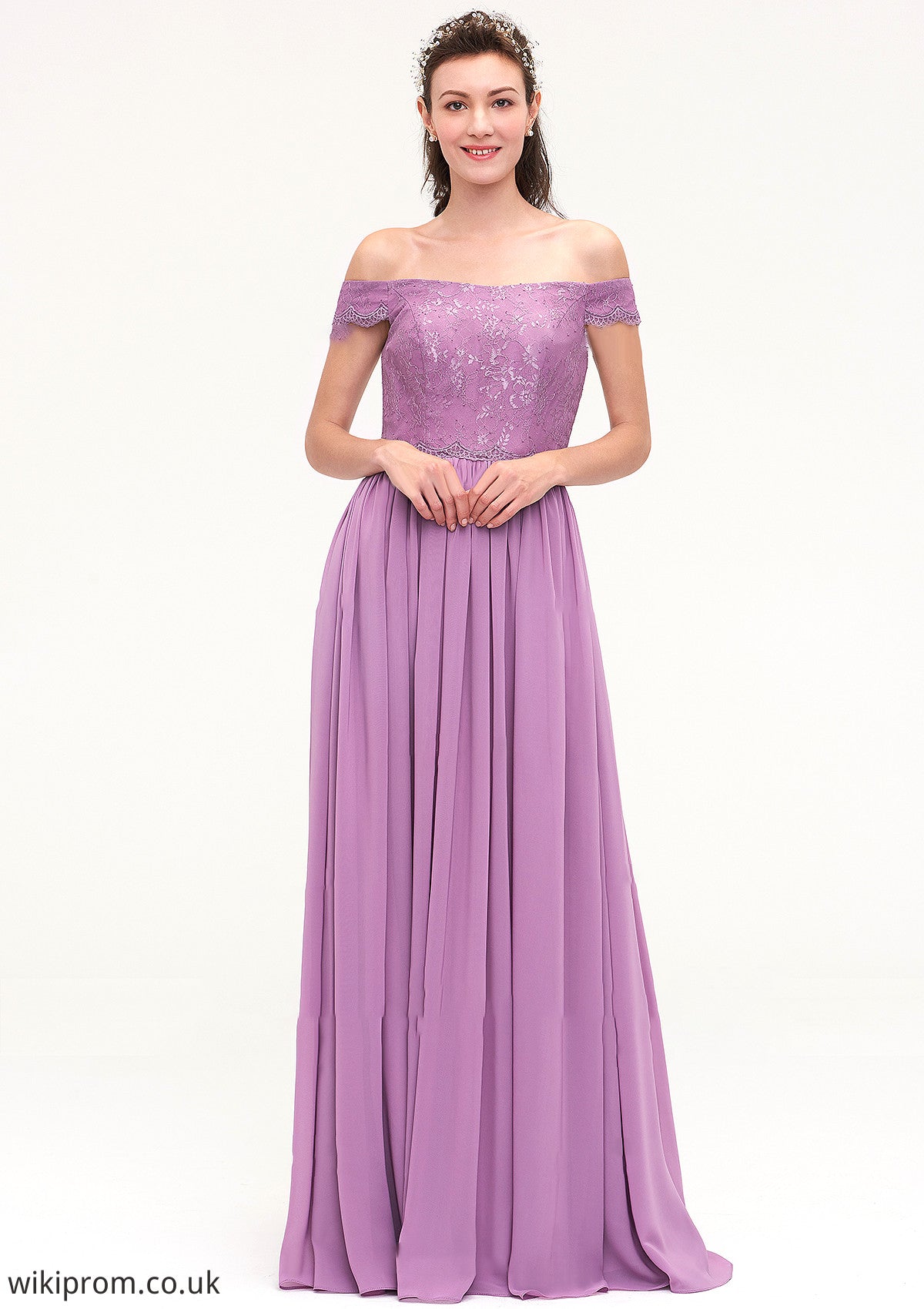 Sleeveless Off-the-Shoulder Long/Floor-Length Chiffon A-line/Princess Bridesmaid Dresseses With Appliqued Jaylyn SWKP0025442