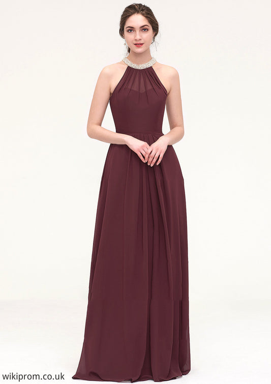 Sleeveless Halter Long/Floor-Length Chiffon A-line/Princess Bridesmaid Dresses With Beading Pleated Mignon SWKP0025445