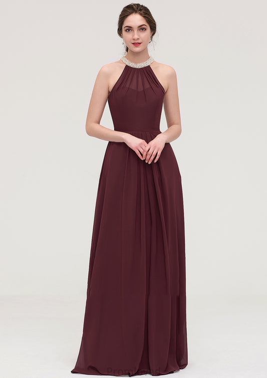 Sleeveless Halter Long/Floor-Length Chiffon A-line/Princess Bridesmaid Dresses With Beading Pleated Natalie DUP0025445