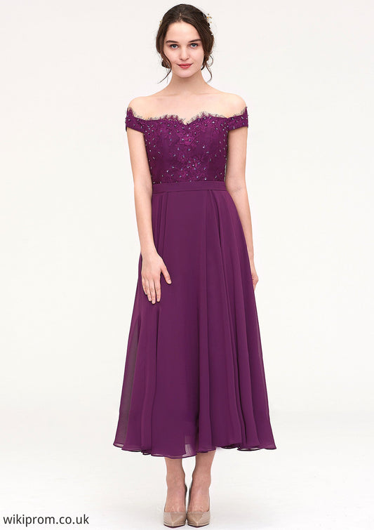 Off-the-Shoulder Sleeveless Tea-Length Chiffon A-line/Princess Bridesmaid Dresses With Lace Beading Shyanne SWKP0025446