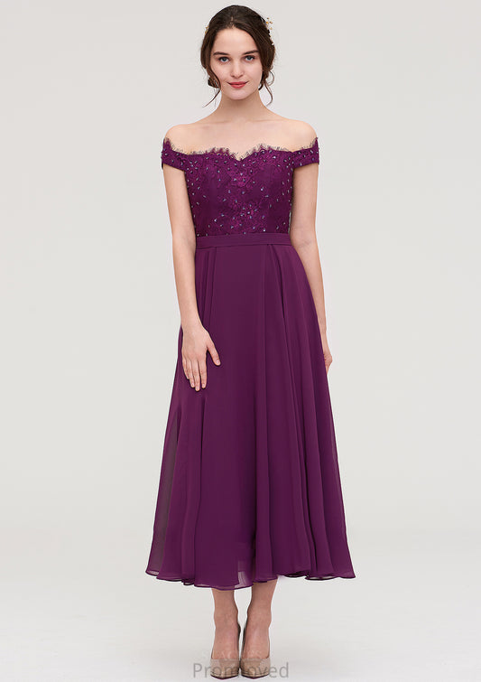 Off-the-Shoulder Sleeveless Tea-Length Chiffon A-line/Princess Bridesmaid Dresses With Lace Beading Angeline DUP0025446