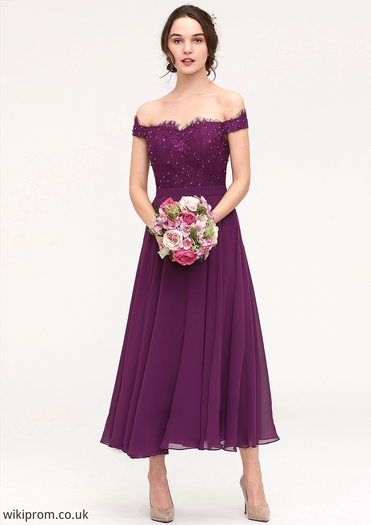 Off-the-Shoulder Sleeveless Tea-Length Chiffon A-line/Princess Bridesmaid Dresses With Lace Beading Shyanne SWKP0025446